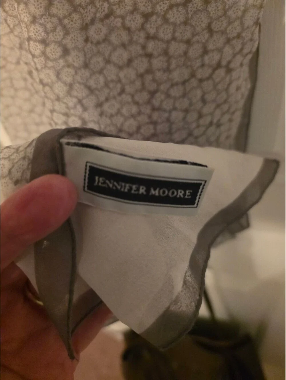 Jennifer Moore Lightweight Sheer Scarf with Subtle Pattern and Gray Trim